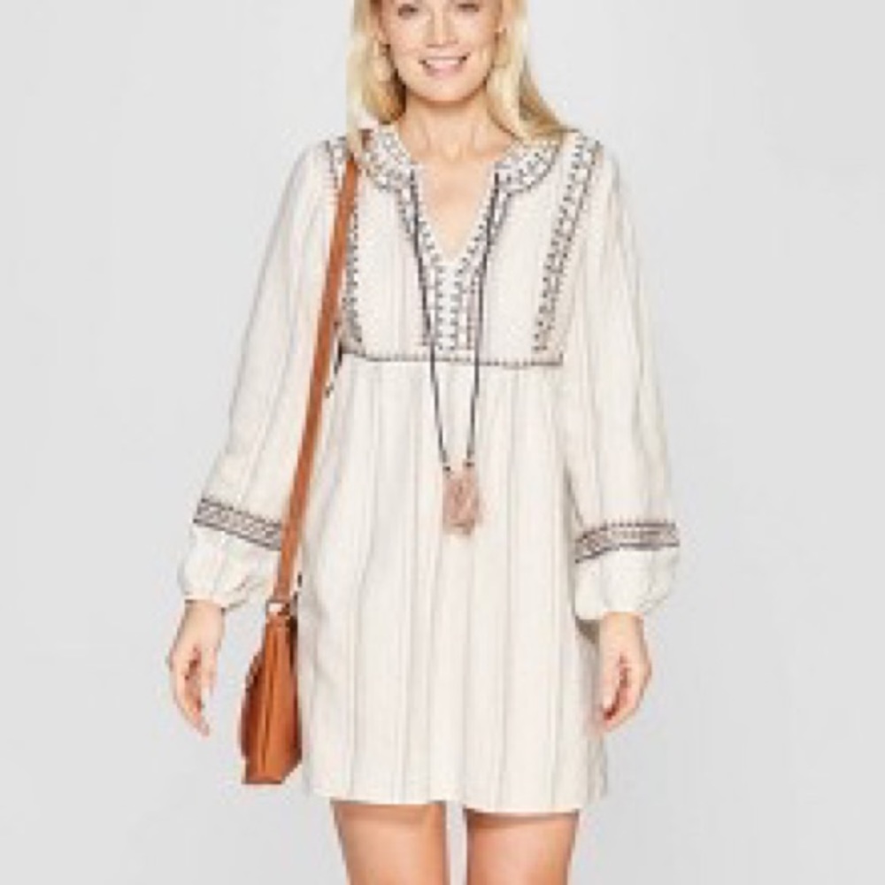 Women’s Striped Long Sleeve V-Neck Shift Midi Dress With Embroidery